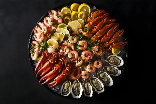 elegant-seafood-platter-featuring-shrimp-lobster-oysters-garnished-lemon-slices-dark-background-visually-appealing-358988750