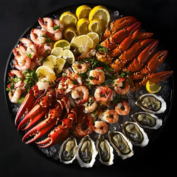 elegant-seafood-platter-featuring-shrimp-lobster-oysters-garnished-lemon-slices-dark-background-visually-appealing-358988750